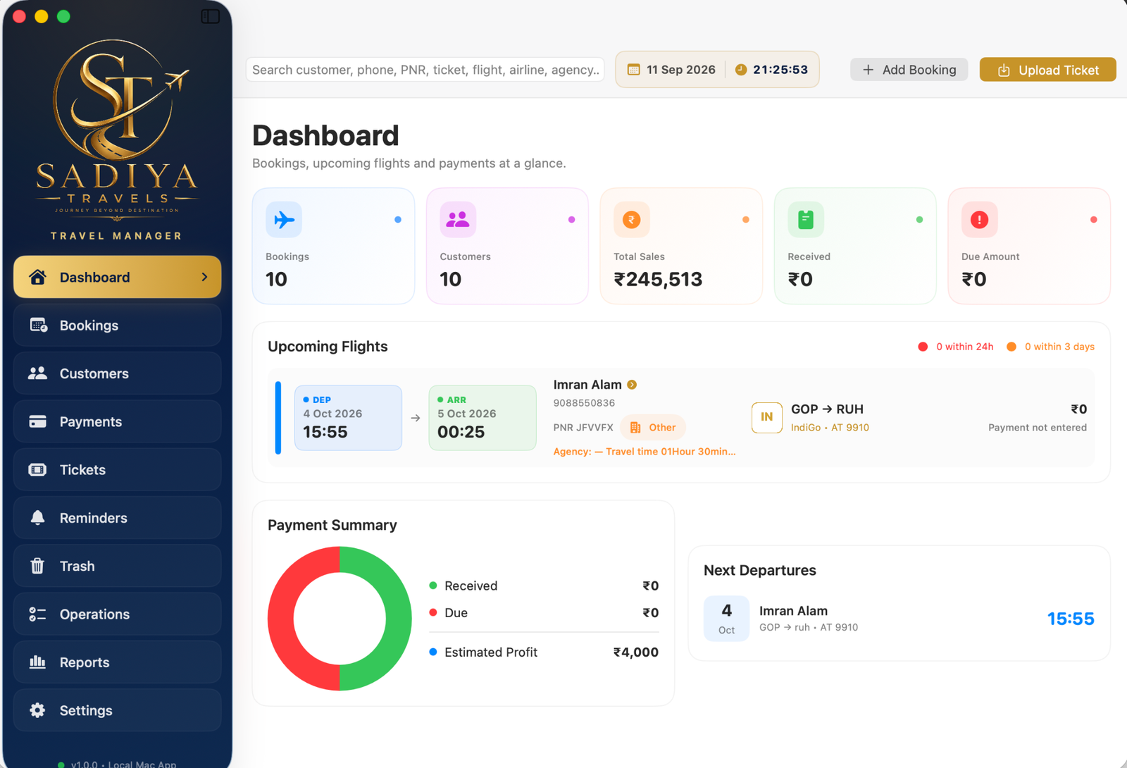 Sadiya Travels dashboard showing bookings, customers, total sales, payment summary, upcoming flights and next departures.
