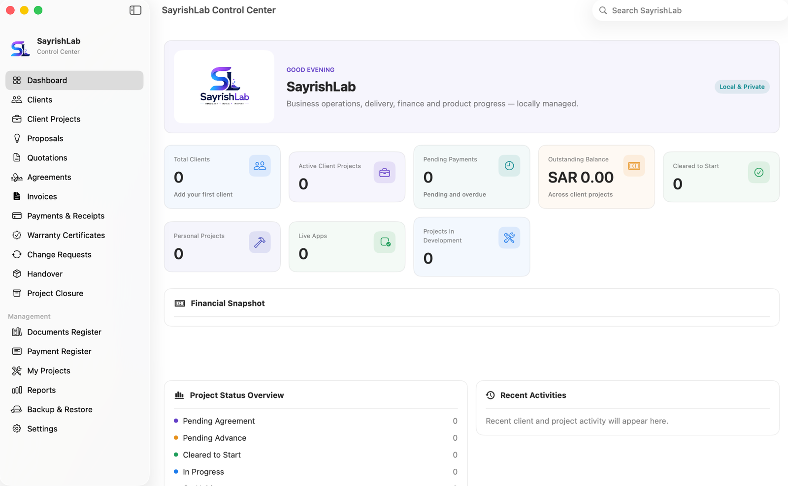 Sayrish Desk dashboard showing clients, client projects, payments, project status and business management tools.